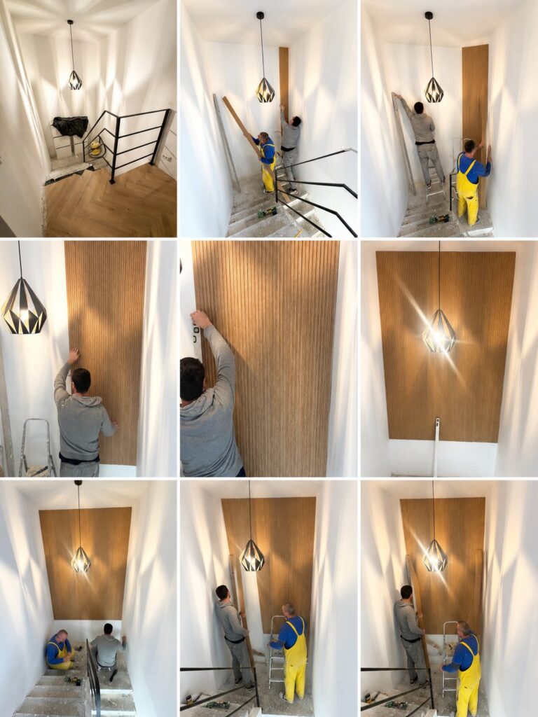 Casa din Pleașa — peretele de accent cu riflaj în timpul lucrărilor | Reno Haus
